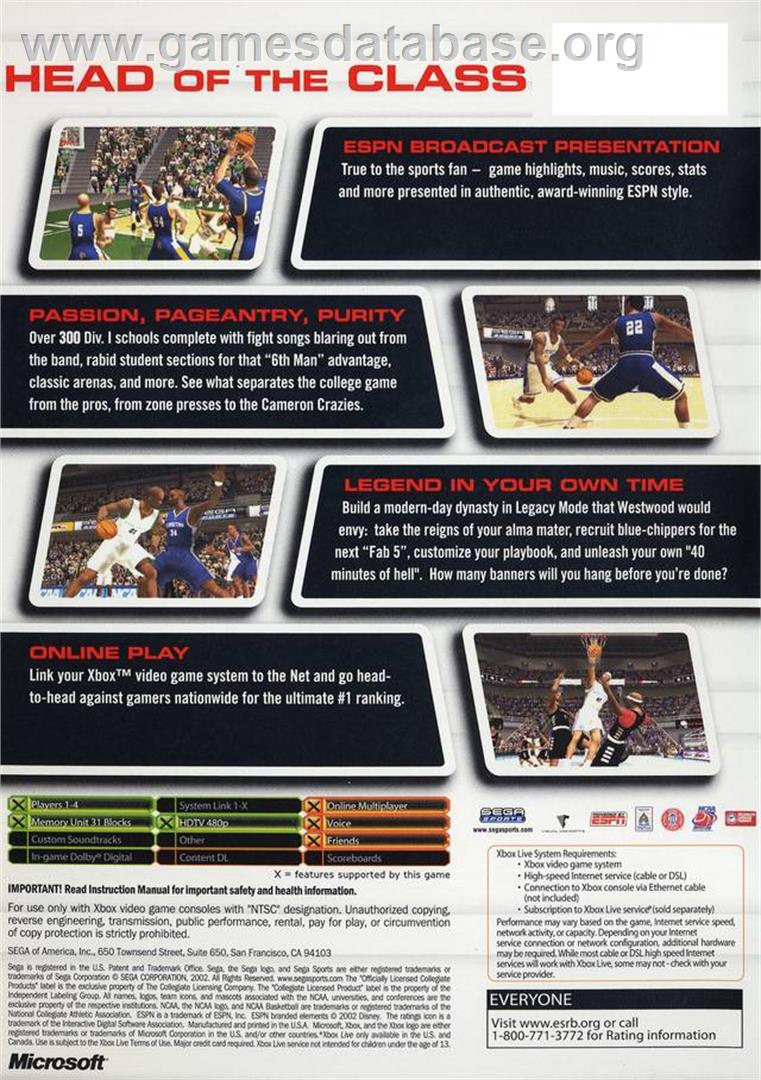 NCAA College Basketball 2K3 - Microsoft Xbox - Artwork - Box Back