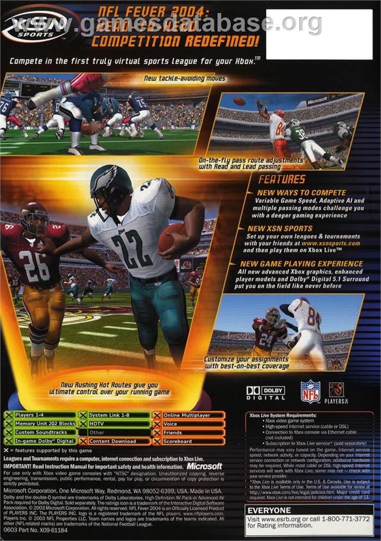 NFL Fever 2004 - Microsoft Xbox - Artwork - Box Back