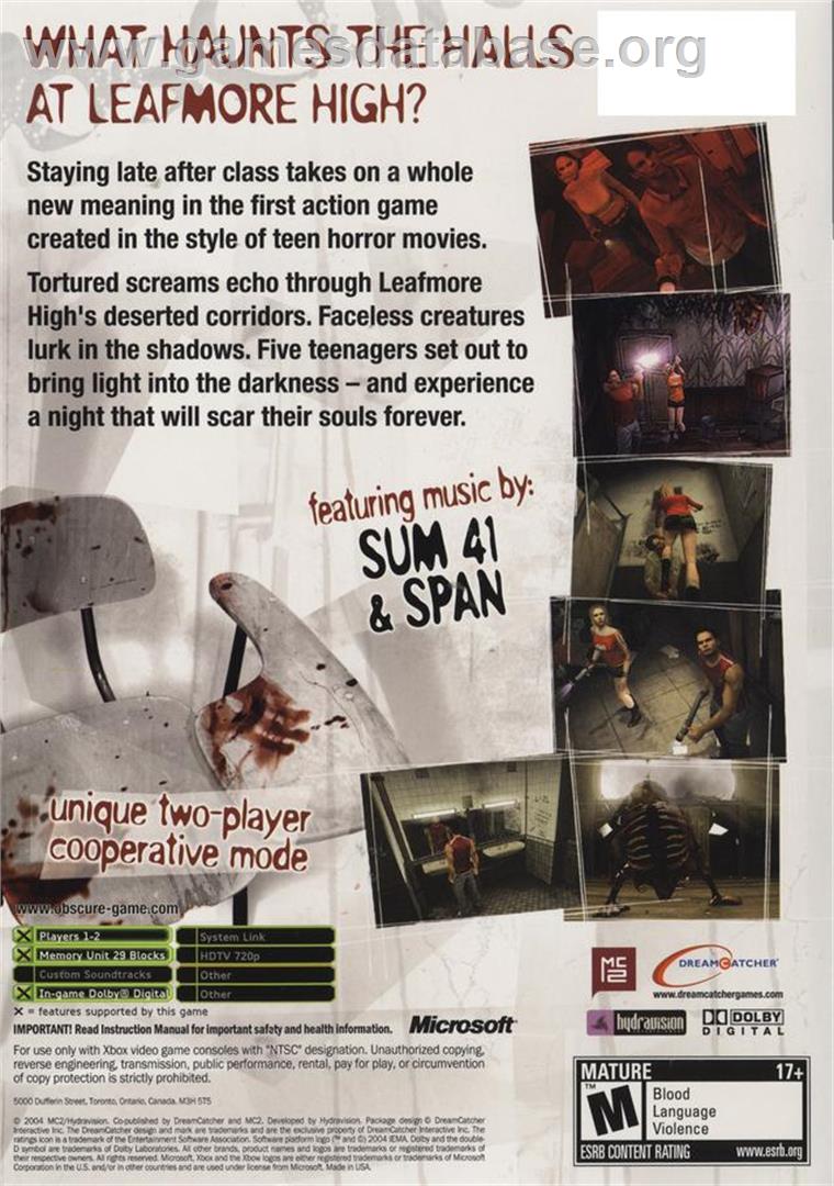Obscure - Microsoft Xbox - Artwork - Box Back