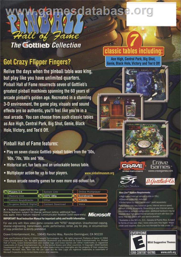 Pinball Hall of Fame: The Gottlieb Collection - Microsoft Xbox - Artwork - Box Back