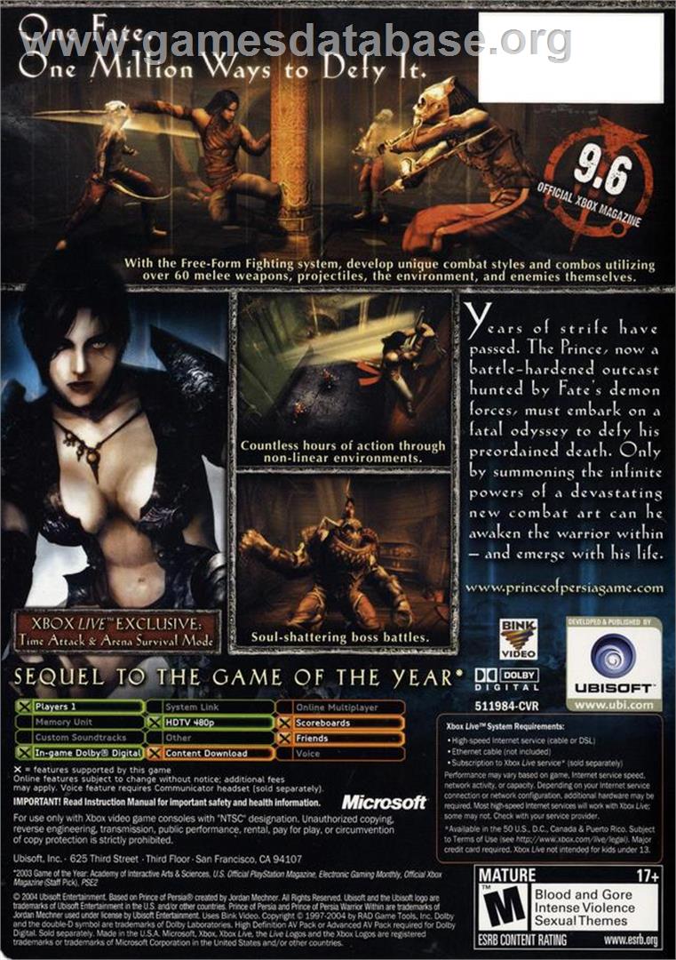 Prince of Persia: Warrior Within - Microsoft Xbox - Artwork - Box Back