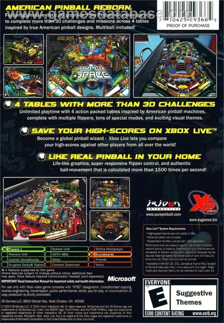 Pure Pinball - Microsoft Xbox - Artwork - Box Back