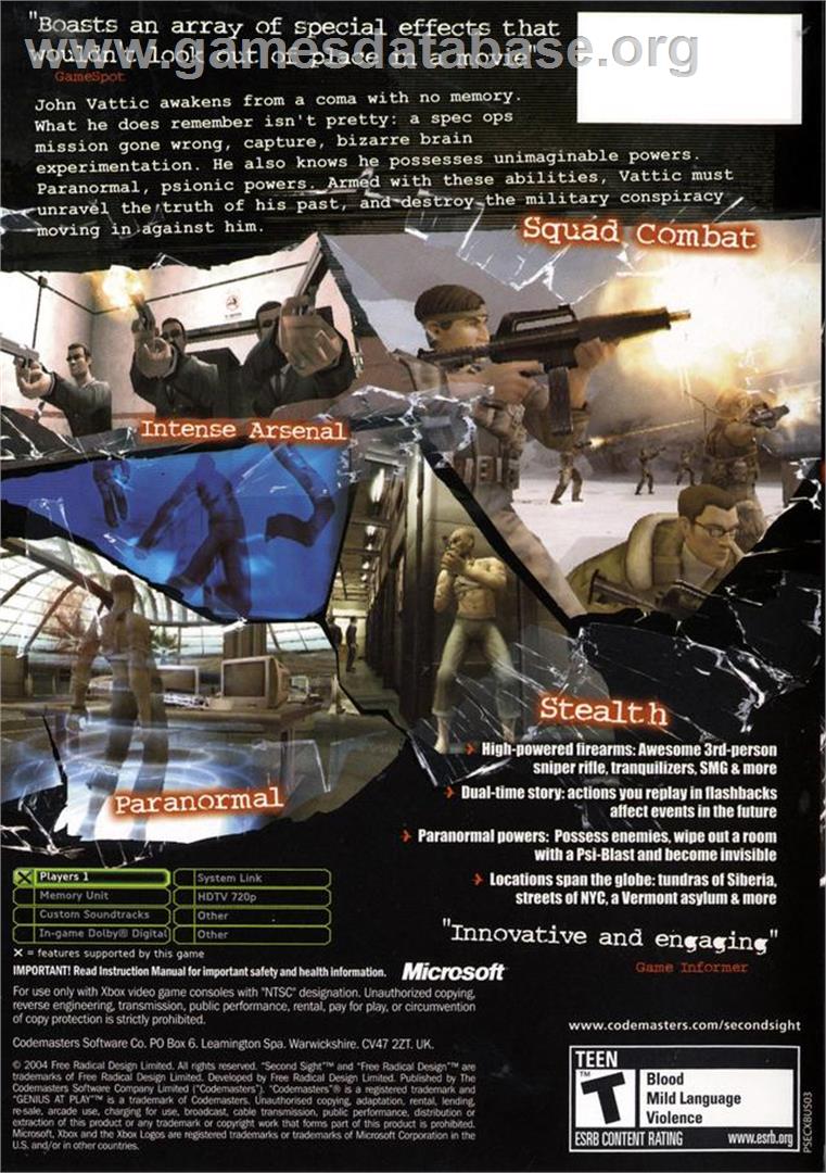 Second Sight - Microsoft Xbox - Artwork - Box Back