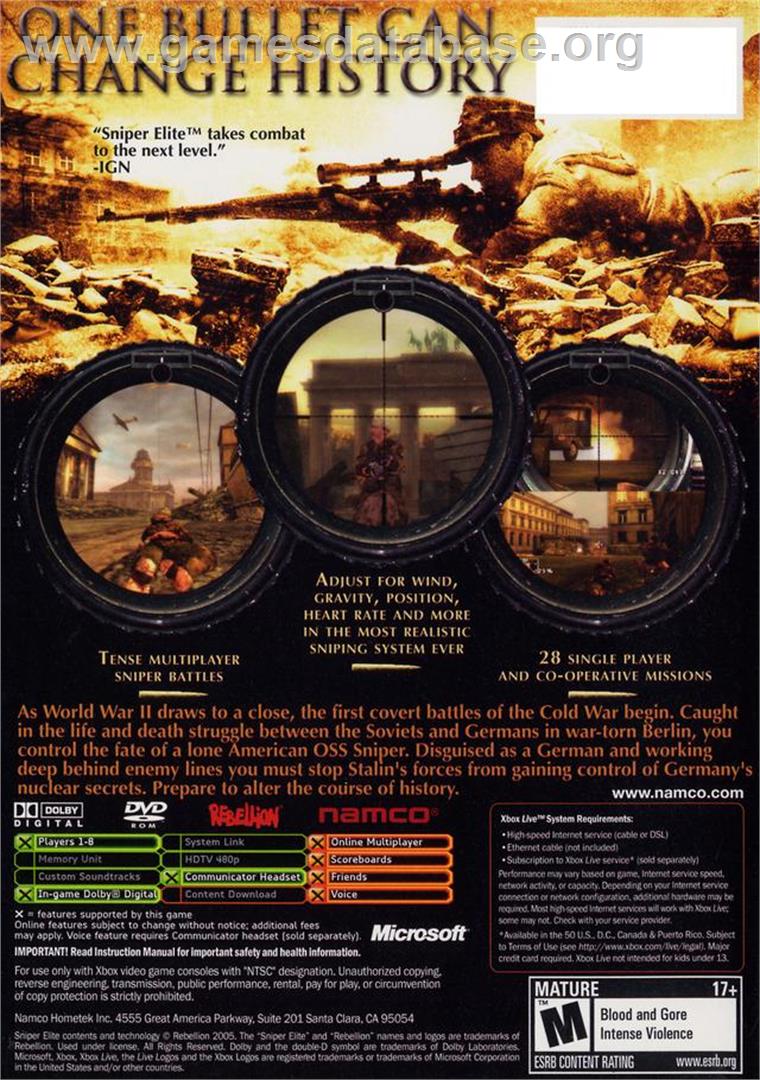 Sniper Elite: Berlin 1945 - Microsoft Xbox - Artwork - Box Back