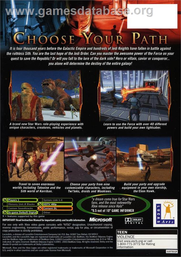 Star Wars: Knights of the Old Republic - Microsoft Xbox - Artwork - Box Back