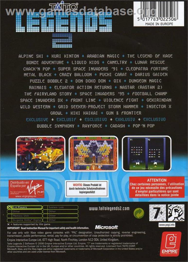 Taito Legends 2 - Microsoft Xbox - Artwork - Box Back