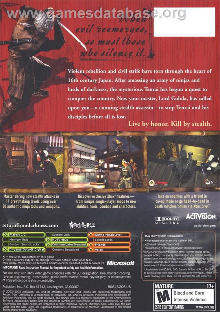 Tenchu: Return from Darkness - Microsoft Xbox - Artwork - Box Back