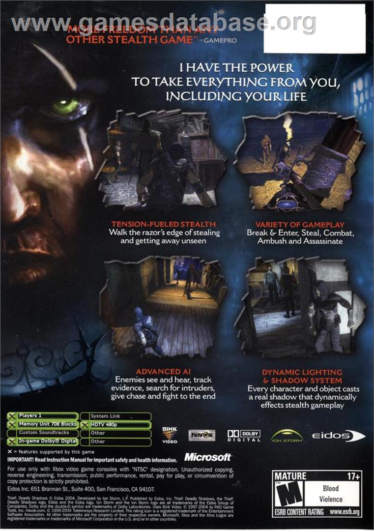 Thief: Deadly Shadows - Microsoft Xbox - Artwork - Box Back