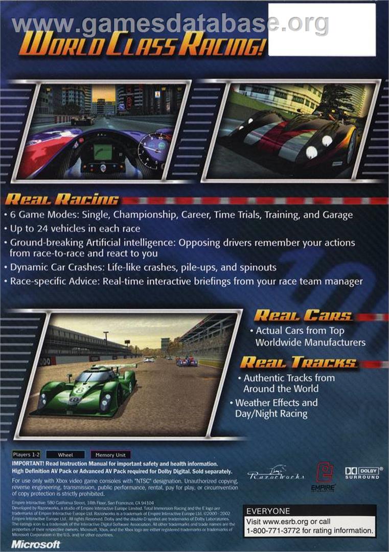 Total Immersion Racing - Microsoft Xbox - Artwork - Box Back