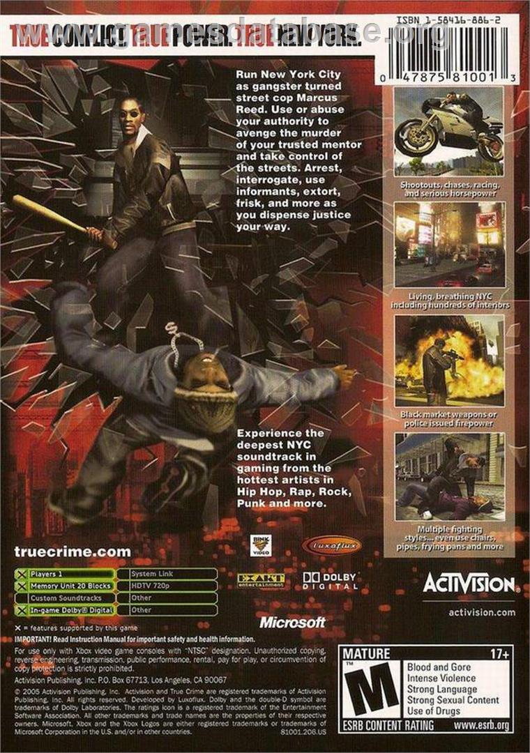 True Crime: New York City (Collector's Edition) - Microsoft Xbox - Artwork - Box Back