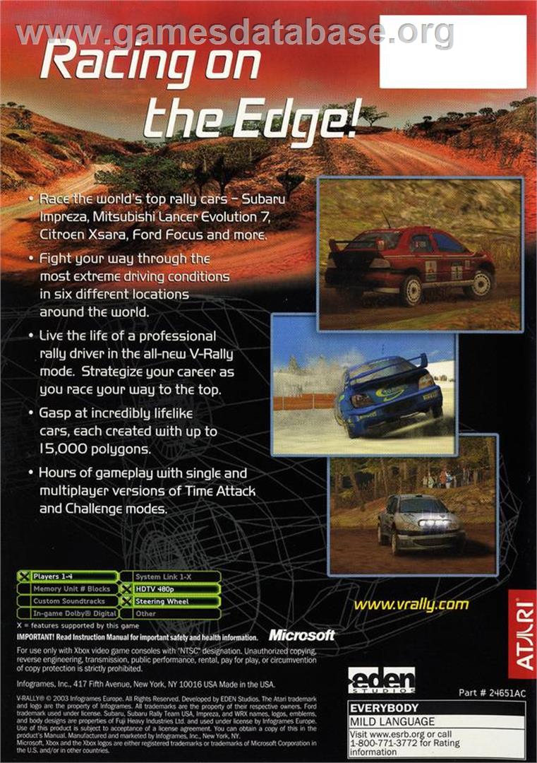 V-Rally 3 - Microsoft Xbox - Artwork - Box Back