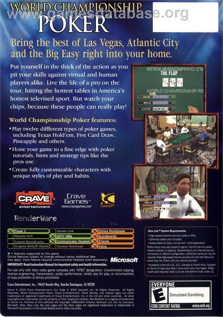 World Championship Poker - Microsoft Xbox - Artwork - Box Back
