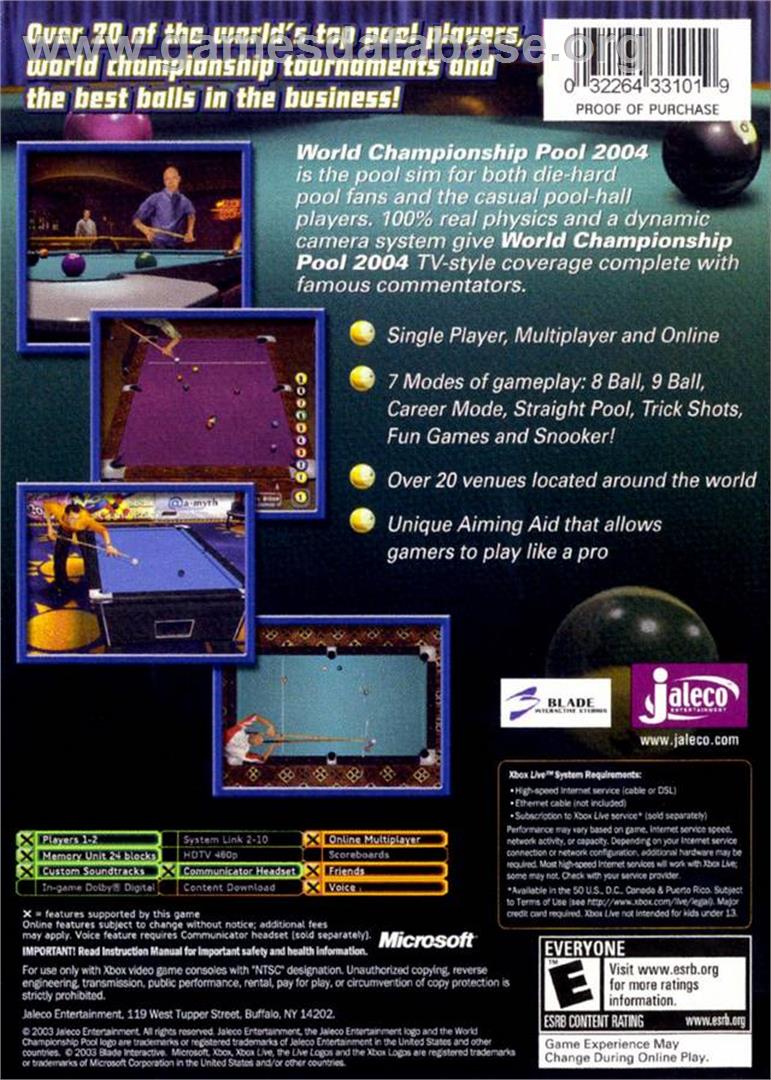 World Championship Pool 2004 - Microsoft Xbox - Artwork - Box Back