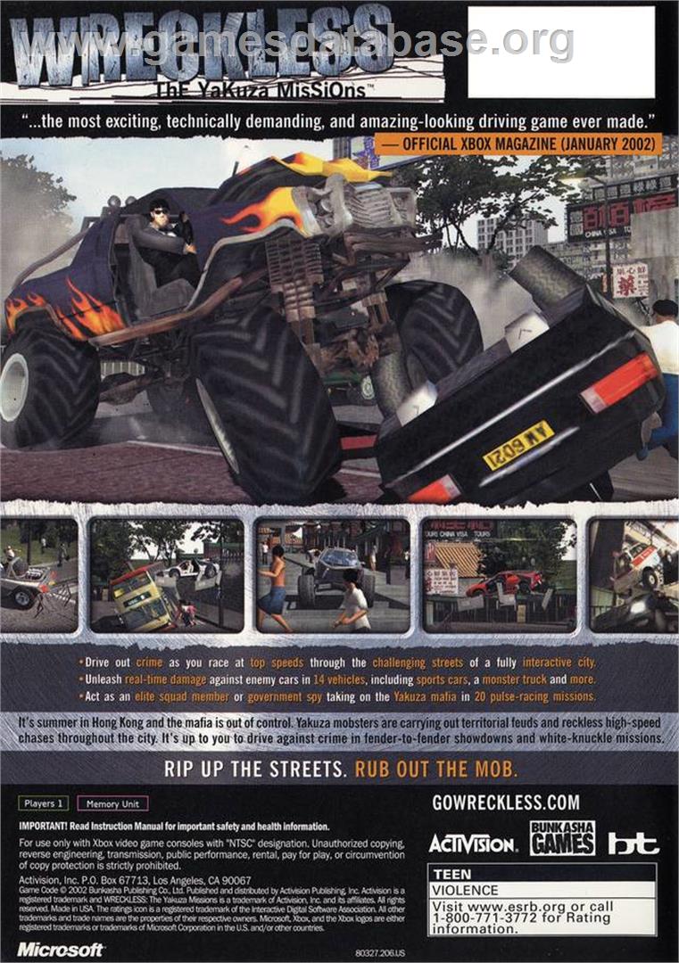 Wreckless - The Yakuza Missions - Microsoft Xbox - Artwork - Box Back