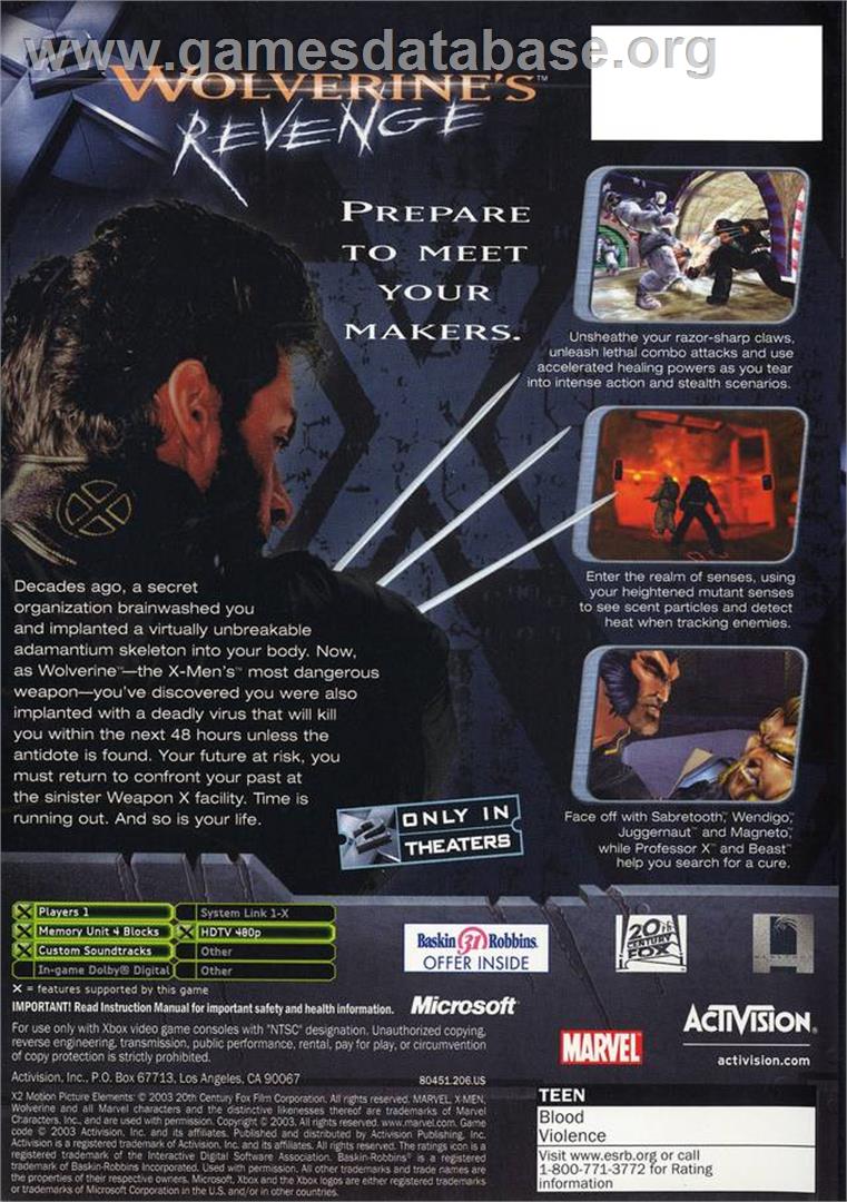 X-Men 2 - Wolverine's Revenge - Microsoft Xbox - Artwork - Box Back