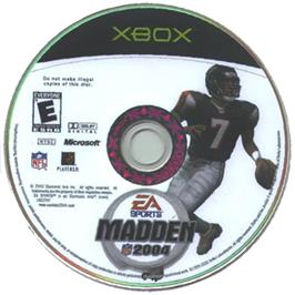 Artwork on the CD for Madden Nfl 2004 on the Microsoft Xbox.