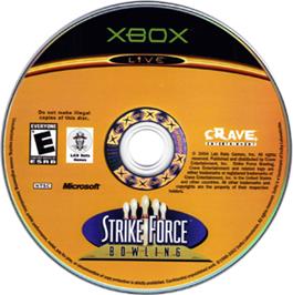 Artwork on the CD for Strike Force Bowling on the Microsoft Xbox.