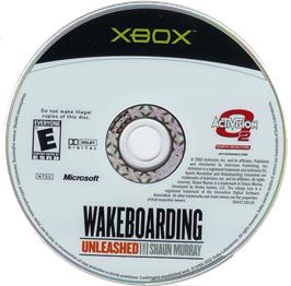 Artwork on the CD for Wakeboarding Unleashed featuring Shaun Murray on the Microsoft Xbox.