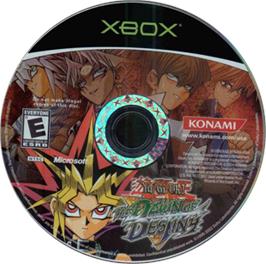 Artwork on the CD for Yu-Gi-Oh!: The Dawn of Destiny on the Microsoft Xbox.