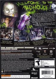 Box back cover for Batman: Arkham Asylum on the Microsoft Xbox 360.