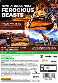 Box back cover for Cabela's African Adventures on the Microsoft Xbox 360.