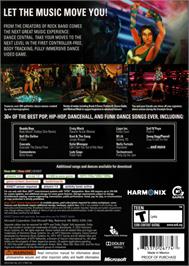 Box back cover for Dance Central on the Microsoft Xbox 360.