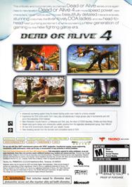 Box back cover for Dead Or Alive 4 on the Microsoft Xbox 360.