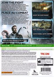 Box back cover for Defiance on the Microsoft Xbox 360.
