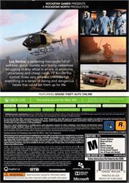 Box back cover for Grand Theft Auto 5 on the Microsoft Xbox 360.