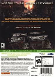 Box back cover for Metro: Last Light on the Microsoft Xbox 360.