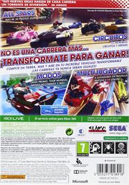 Box back cover for Sonic And All Stars Racing Transformed on the Microsoft Xbox 360.