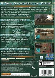 Box back cover for Zoids Assault on the Microsoft Xbox 360.