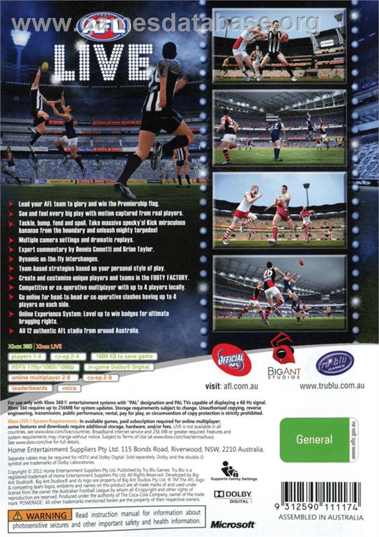 AFL Live - Microsoft Xbox 360 - Artwork - Box Back