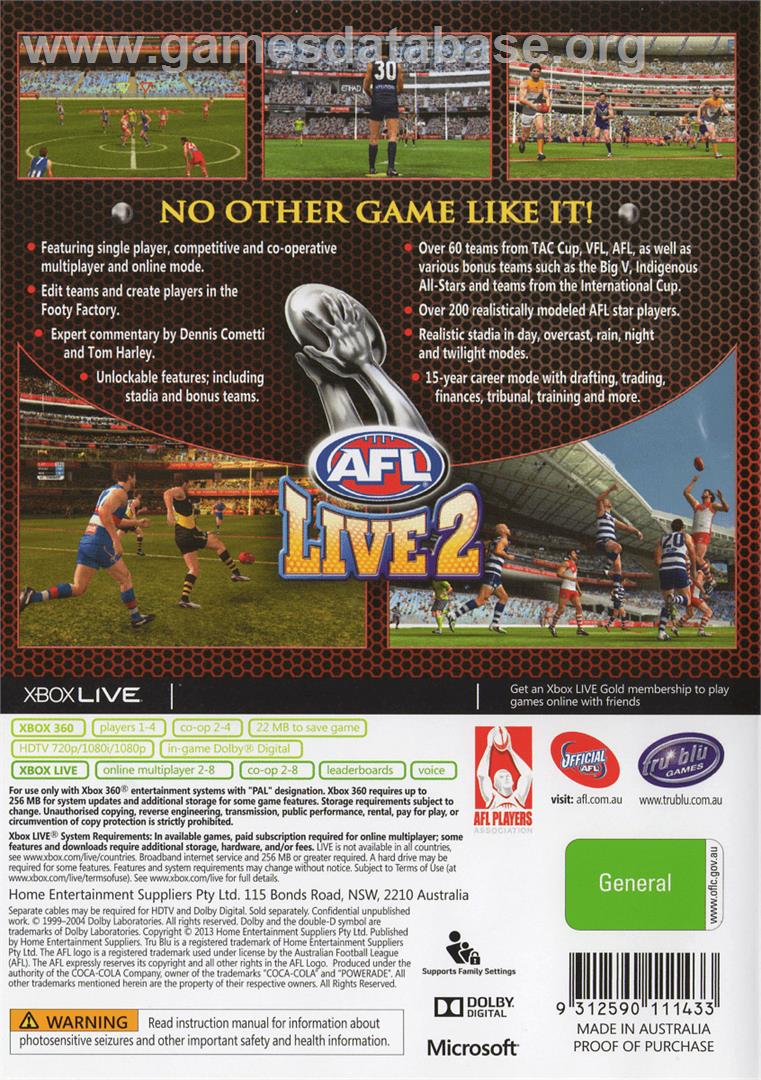 AFL Live 2 - Microsoft Xbox 360 - Artwork - Box Back