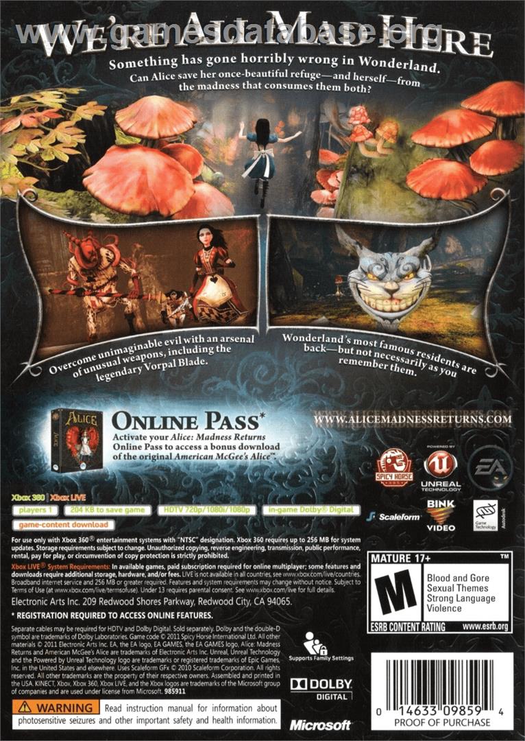 Alice - Retour Au Pays De La Folie - Microsoft Xbox 360 - Artwork - Box Back