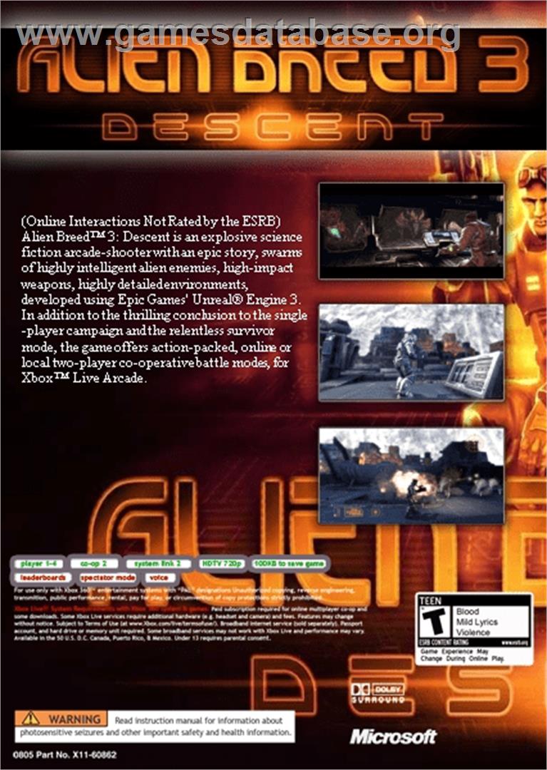 Alien Breed 3 - Descent - Microsoft Xbox 360 - Artwork - Box Back