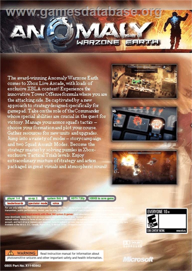 Anomaly - Warzone Earth - Microsoft Xbox 360 - Artwork - Box Back