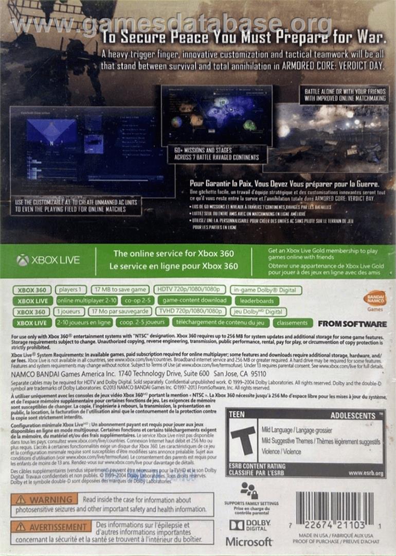 Armored Core - Verdict Day - Microsoft Xbox 360 - Artwork - Box Back