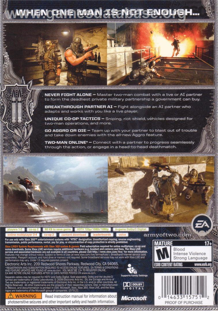 Army of Two (EU) - Microsoft Xbox 360 - Artwork - Box Back