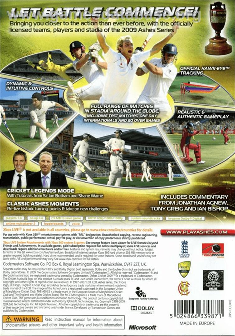 Ashes Cricket 2009 - Microsoft Xbox 360 - Artwork - Box Back