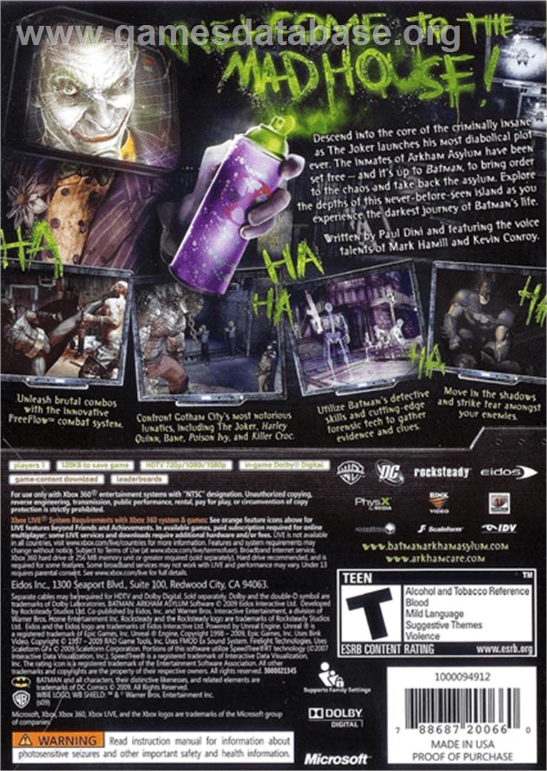 Batman: Arkham Asylum - Microsoft Xbox 360 - Artwork - Box Back