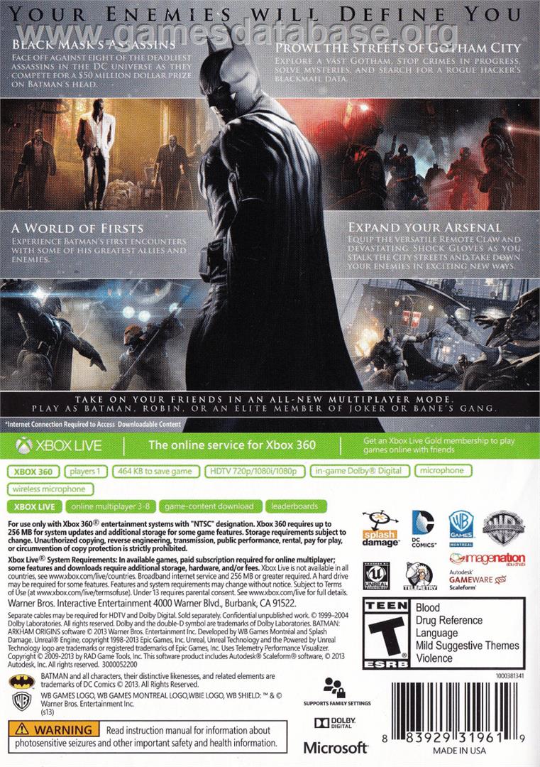 Batman Arkham Origins - Microsoft Xbox 360 - Artwork - Box Back