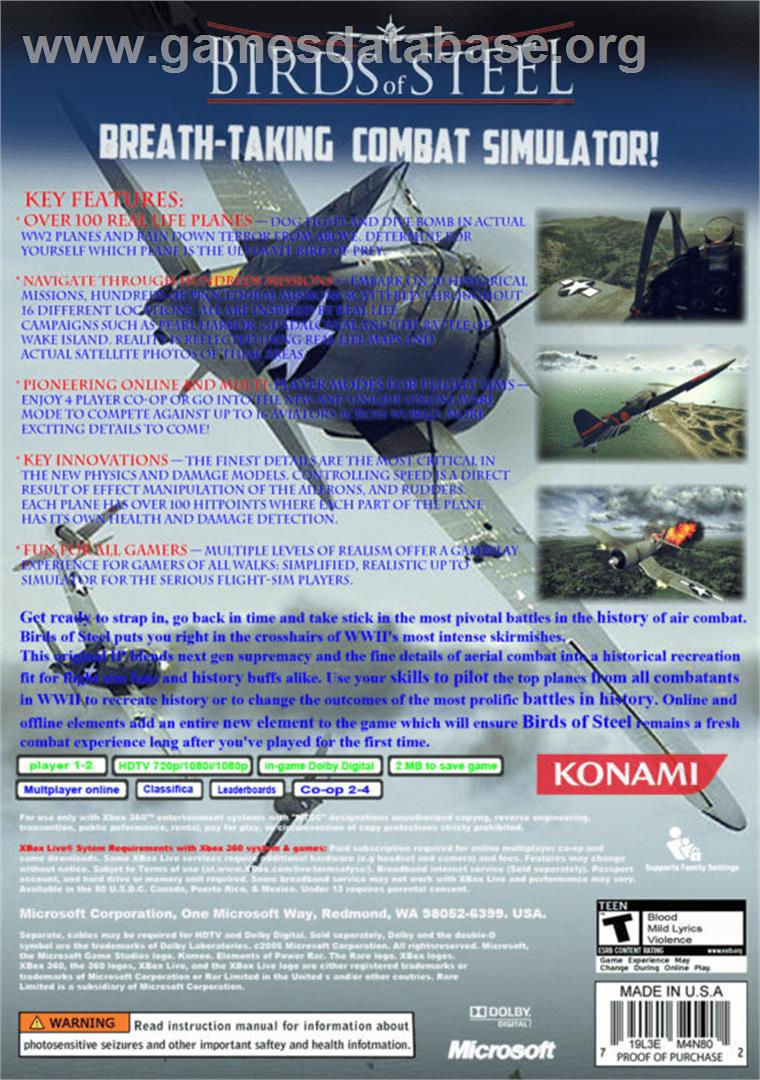 Birds of Steel - Microsoft Xbox 360 - Artwork - Box Back