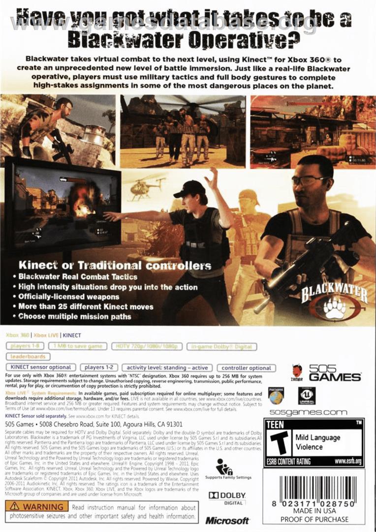 Blackwater - Microsoft Xbox 360 - Artwork - Box Back