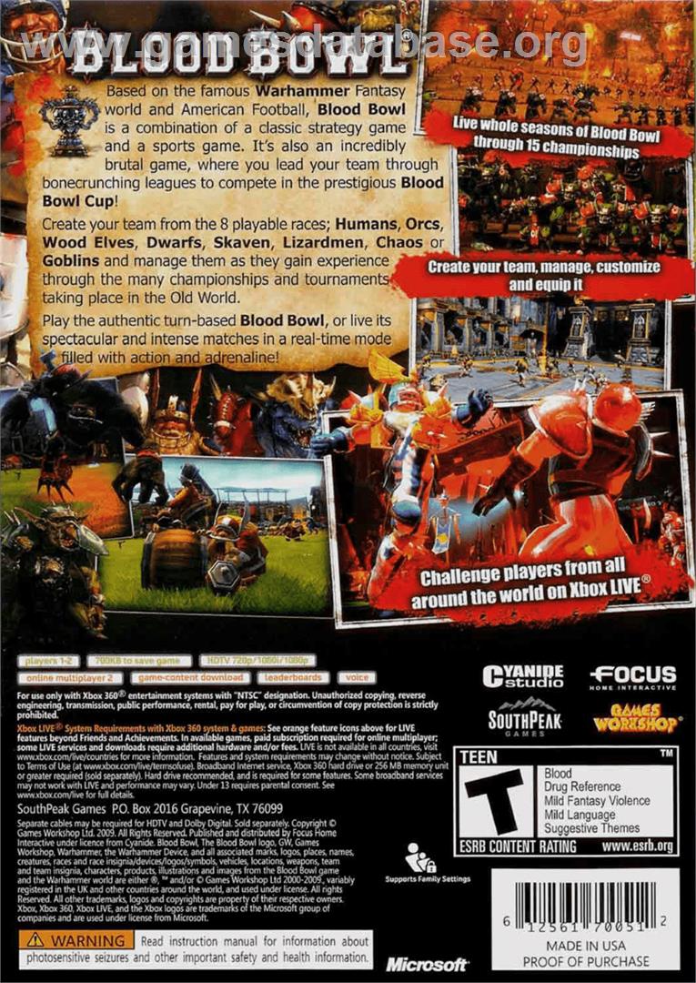 Blood Bowl - Microsoft Xbox 360 - Artwork - Box Back