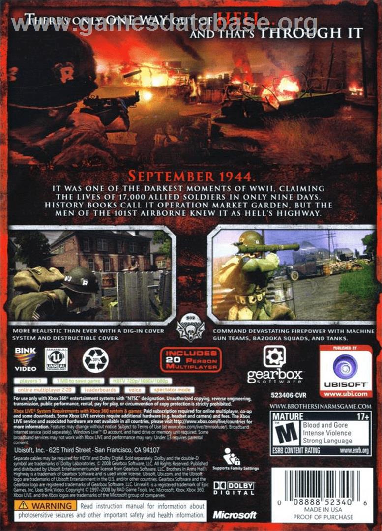 Brothers In Arms - Hell's Highway - Microsoft Xbox 360 - Artwork - Box Back