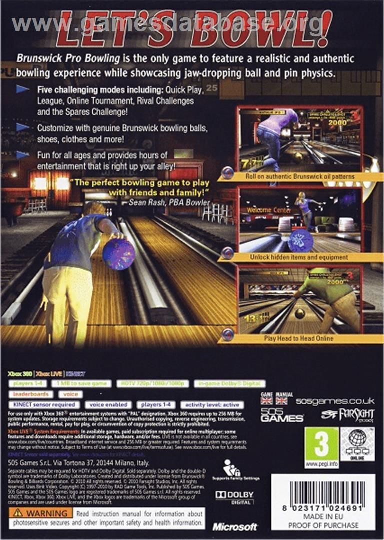 Brunswick Pro Bowling - Microsoft Xbox 360 - Artwork - Box Back