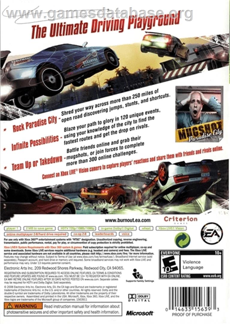 Burnout Paradise - Microsoft Xbox 360 - Artwork - Box Back