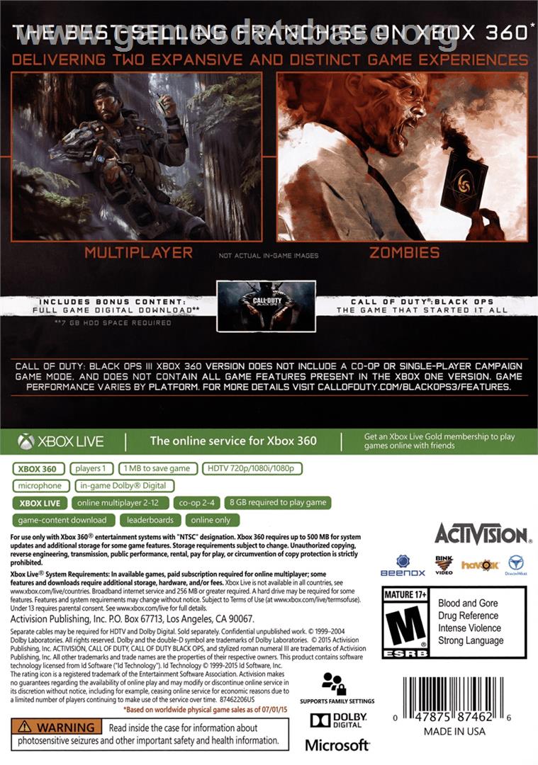 Call Of Duty - Black Ops 3 - Microsoft Xbox 360 - Artwork - Box Back