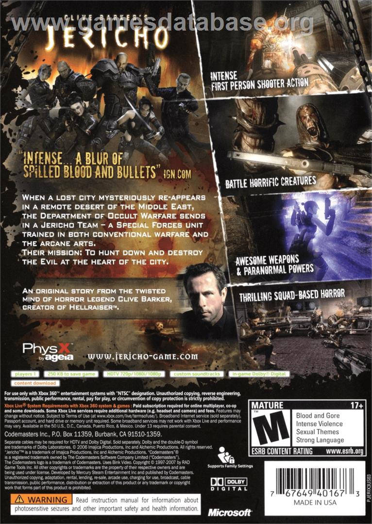 Clive Barker's Jericho - Microsoft Xbox 360 - Artwork - Box Back
